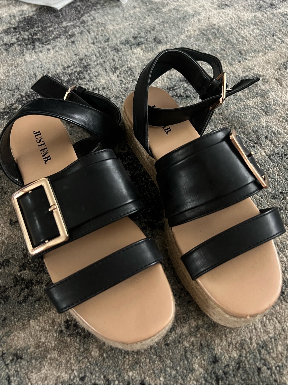 JustFab Black Espadrille Platform Sandals with Gold Buckles